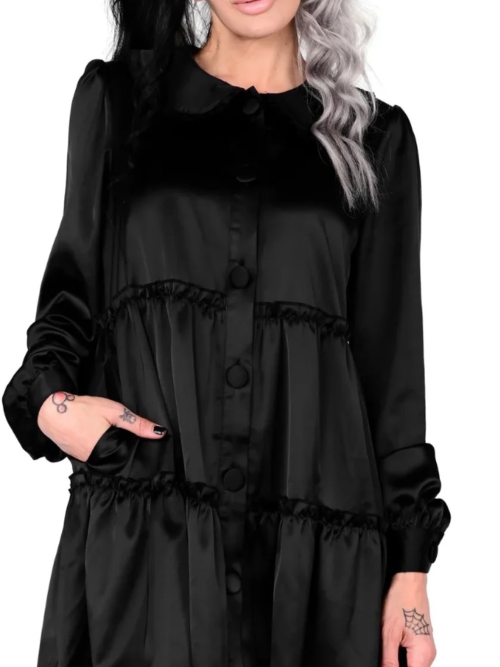 FOXBLOOD missy babydoll Black Tiered Satin Button-Front Dress
